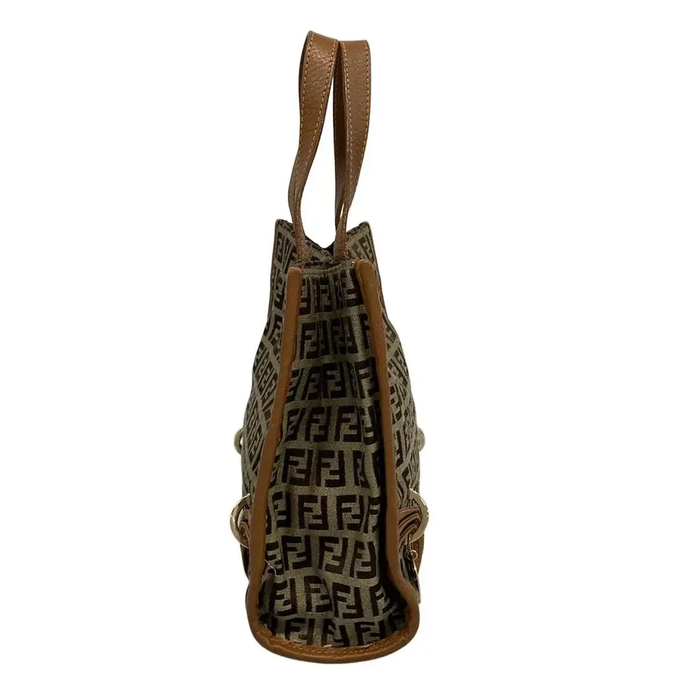 Fendi Zucchino Tote Bag 8BH170 Dark Brown Beige Brown Jacquard Leather Women's